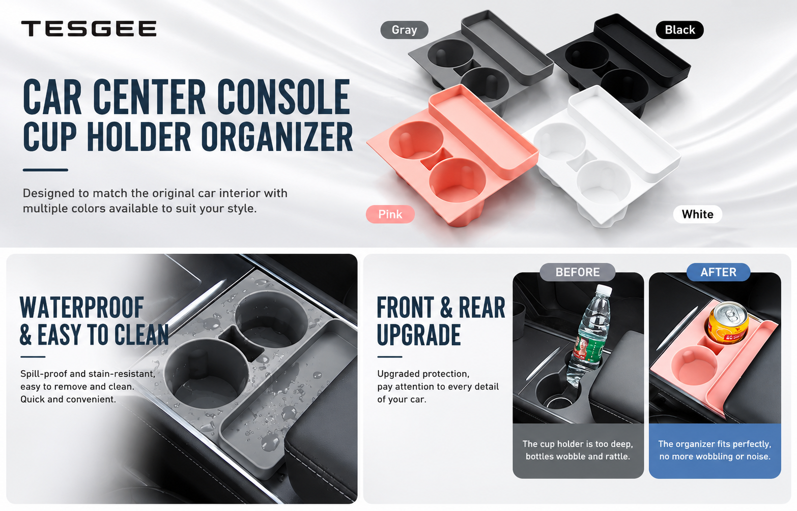2-in-1 Center Console Cup Holder Insert for Tesla Model 3/Y